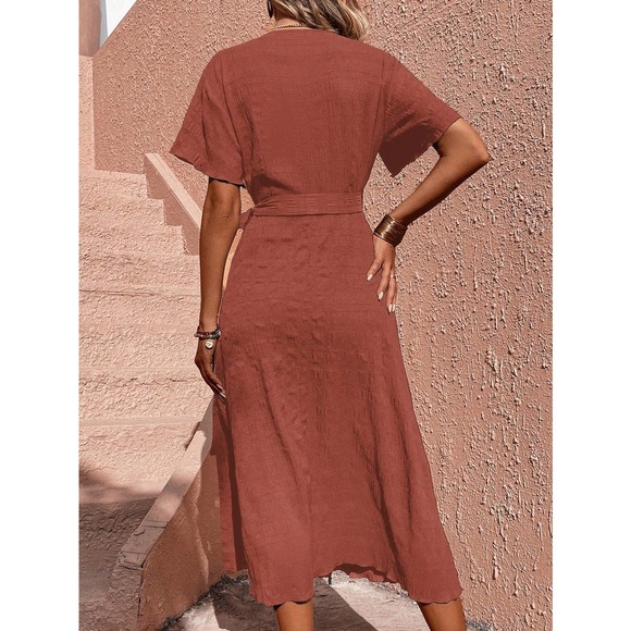 boho Puff Sleeve Knot Side Wrap Dress midi - Picture 5 of 11